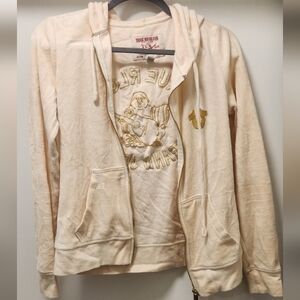 Ivory Cream Zip Down Hoodie with Gold Accents By True Religion Size XS
